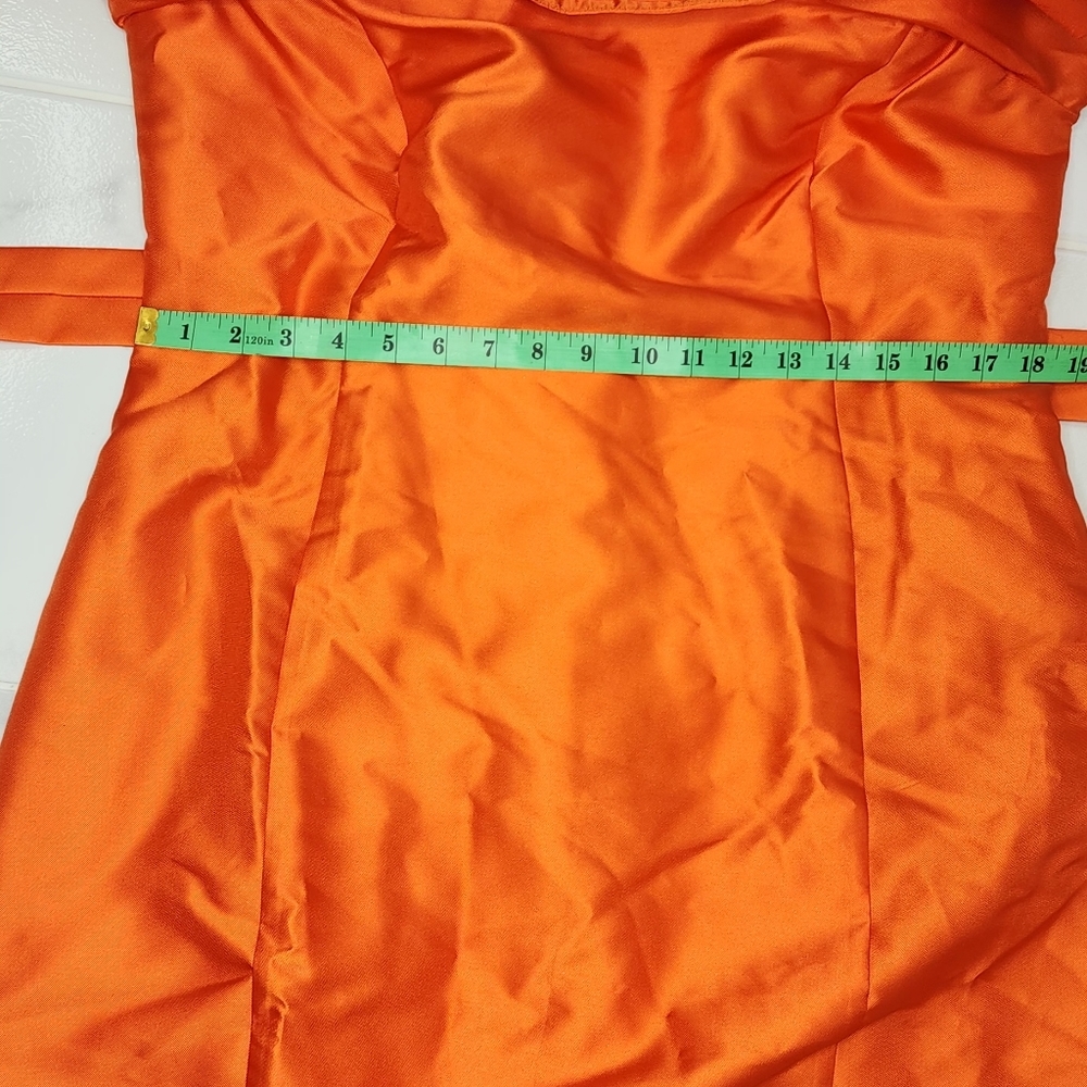 ASOS LUXE Curve belted drama sleeve structured satin midi dress in hot orange - Picture 7 of 10